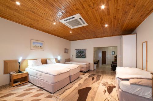 Klein WindhoekHotel Pension Palmquell的一间卧室设有两张床和木制天花板