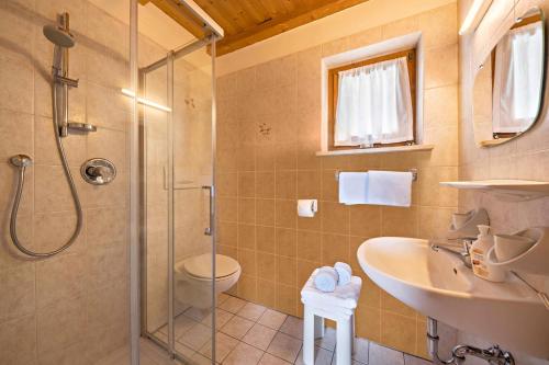 阿维兰奥Ferienwohnung Sonnenblume Nusserhof的带淋浴、盥洗盆和卫生间的浴室