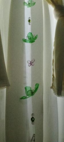 雅卡雷伊Chalé Rancho Aratama的绿叶窗帘和蝴蝶