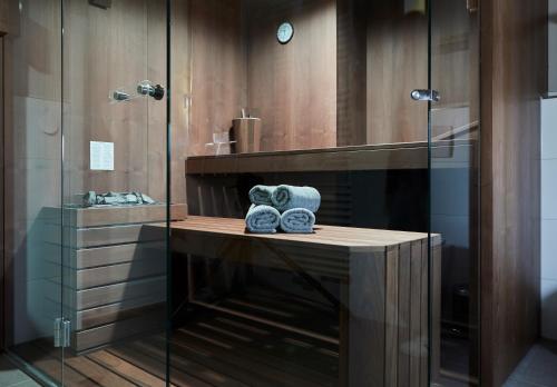 奥斯特巴德·哥伦Haus Ostsee的浴室设有玻璃淋浴间,并在柜台上备有毛巾