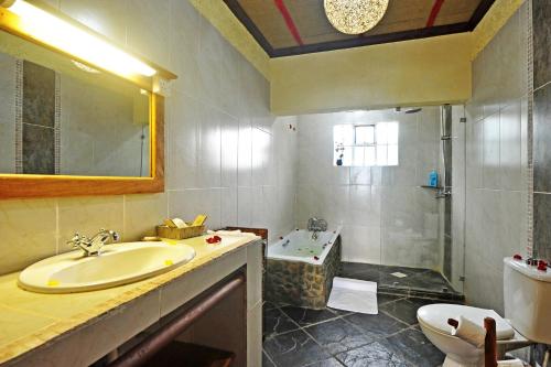 奈瓦沙Mwanzo Lodge的浴室配有盥洗盆、卫生间和浴缸。