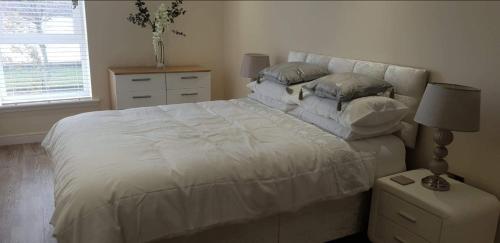 邓迪Waterfront apartment的卧室配有带枕头的大型白色床