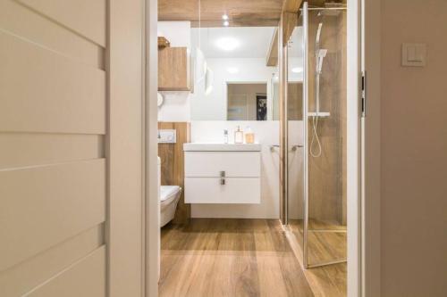 弗罗茨瓦夫Sun House Apartment + free parking的浴室配有卫生间、盥洗盆和淋浴。