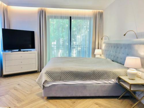 米兹多洛杰Luxury Apartments in Residence Maritime的一间卧室配有一张大床和一台平面电视