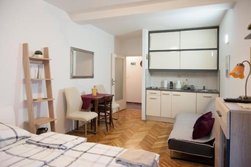 奥西耶克Studio Apartment Vijenac的一间带一张床的房间和一间带桌子的厨房