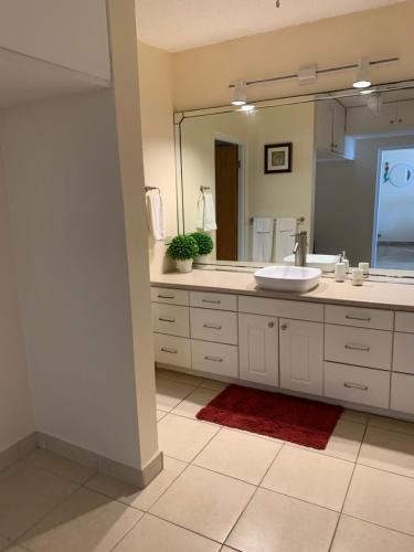 克里斯琴斯特德Sweet Serenity St Croix USVI的一间带水槽和大镜子的浴室