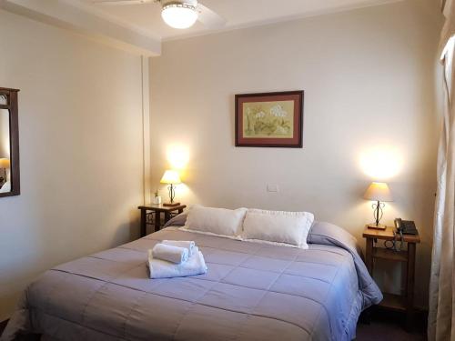 门多萨阿里奥斯托酒店的一间卧室配有一张床,上面有两条毛巾