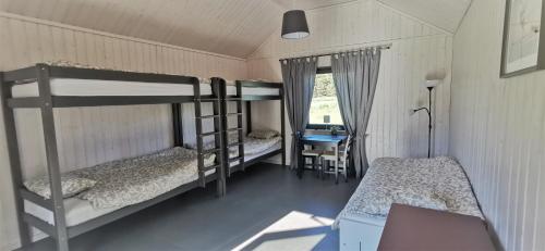 贝尔纳蒂Campsite Ģirti的一间卧室配有两张双层床和一张书桌