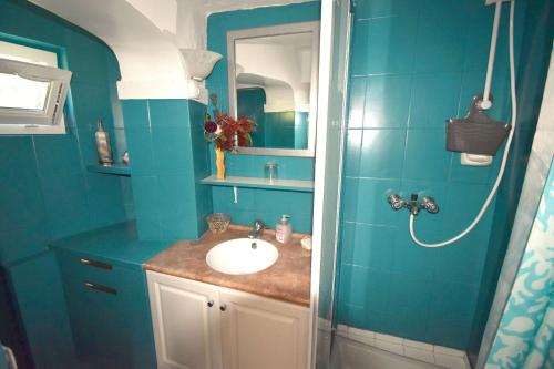 拉特里尼泰Studio climatisé et sa terrasse privée en villa的蓝色的浴室设有水槽和淋浴