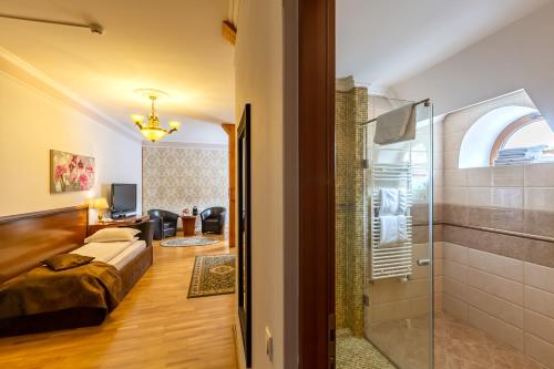 锡吉什瓦拉锡吉什瓦拉大道酒店的一间卧室设有一张床和一个玻璃淋浴间
