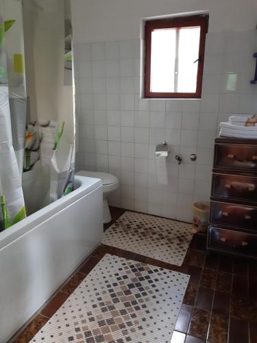 耶蒂斯特Etno guest house Lalovic的带浴缸、卫生间和窗户的浴室