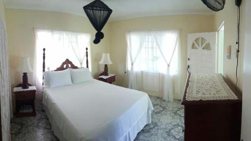 特雷热比奇Rock Side Villa On the Beach的卧室设有一张白色大床和两个窗户。