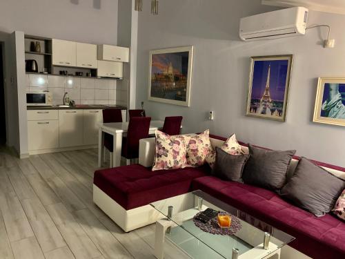 斯韦蒂·斯特凡MM公寓酒店的一间带紫色沙发的客厅和一间厨房