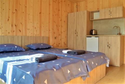 安布罗劳里SHODA的一间卧室配有蓝色的床和毛巾