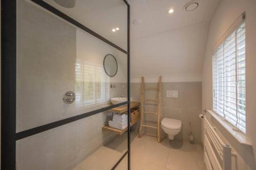 斯霍尔Sous les Dunes的一间带卫生间和玻璃淋浴间的浴室