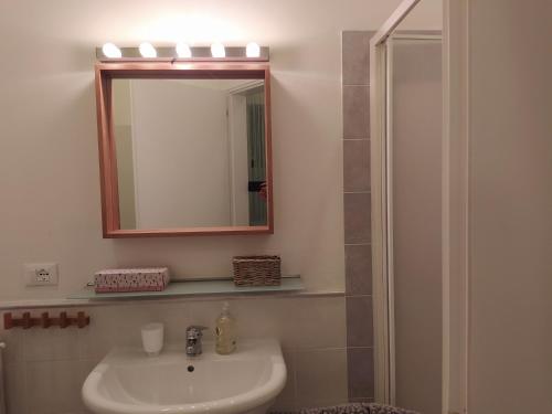 蒙泰斯佩尔托利La Medialuna的一间带水槽、镜子和淋浴的浴室