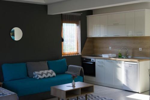 特雷比涅Apartments Ena的一间带蓝色沙发的客厅和一间厨房