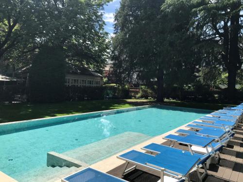 博尔扎诺斯蒂尔格斯卡拉酒店的游泳池里一排蓝色的躺椅