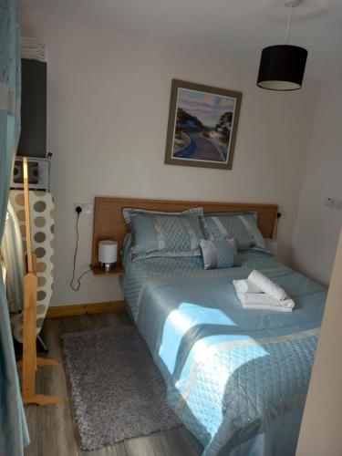 瓦伦西亚岛Country Cottage Apartment Valentia Island Kerry的一间卧室配有一张带蓝色棉被的床