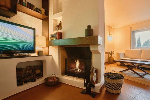 塞图巴尔Perfect for quiet vacation with family and friends的客厅设有壁炉和电视