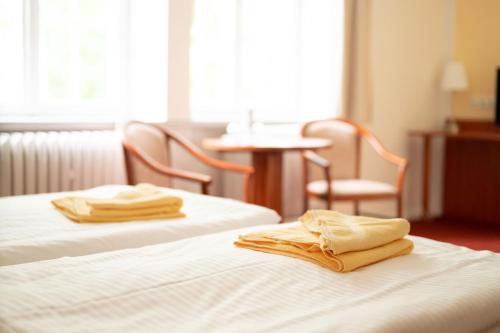 约阿希姆斯塔尔seezeit-resort am Werbellinsee的酒店客房,配有两张带毛巾的床