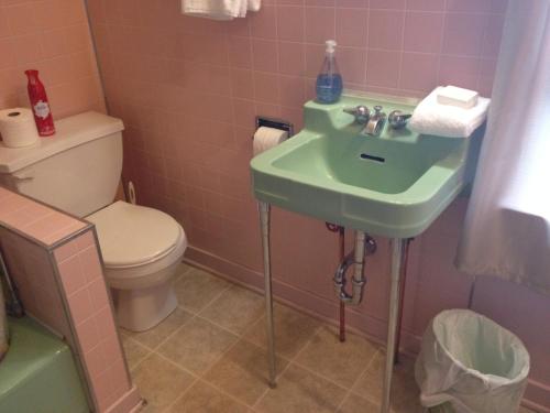 班夫住宿加早餐假日旅馆的一间带绿色水槽和卫生间的浴室