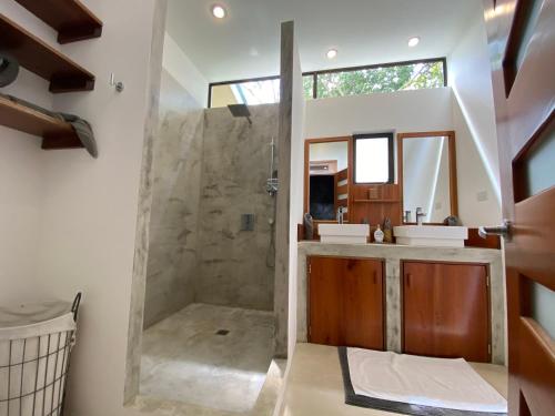 曼努埃尔安东尼奥Casa Libertinn的设有带步入式淋浴间和盥洗盆的浴室