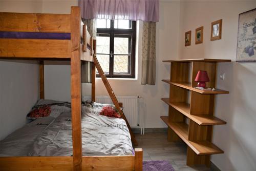 MalečovNa koňské farmě的一间卧室设有两张双层床和一扇窗户。