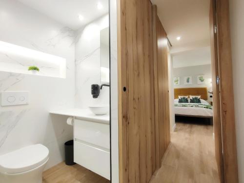 奥维多OVIEDO CENTRO SANTA CLARA PISO DE LUJO的一间带卫生间的浴室和一张位于客房内的床。