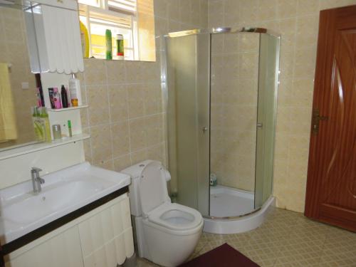 基加利Rooms in homely atmosphere near airport的带淋浴、卫生间和盥洗盆的浴室