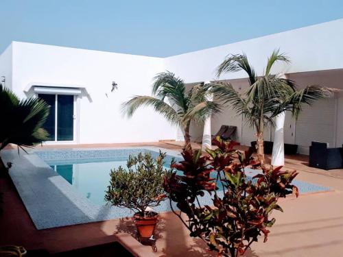 萨利波图尔Villa Charles Senghor的一座带游泳池和棕榈树的房子