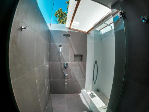 图杜RV Thoddoo Maldives - Guest House的带淋浴的浴室和玻璃门
