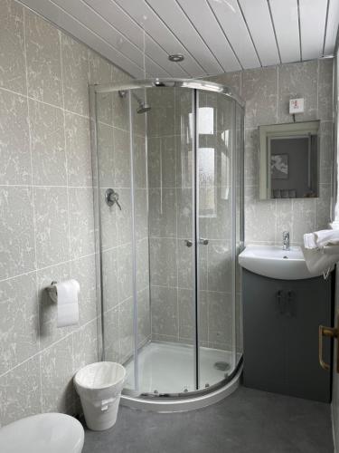 布莱克浦桑福德长廊酒店的带淋浴、卫生间和盥洗盆的浴室
