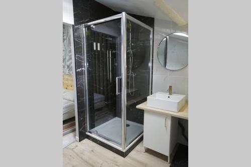 蒙特利马尔Studio ,Centre Historique , Entrée Autonome的带淋浴、水槽和镜子的浴室