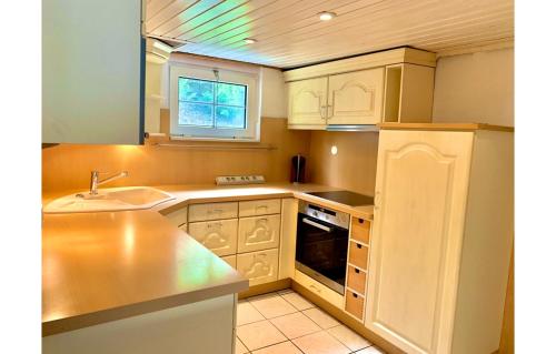 施马伦贝格Sauerland-Relax的厨房配有白色橱柜和水槽