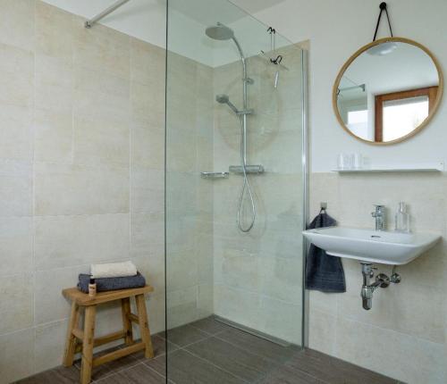诺伊舍瑙Kraftquelle Waldhäuser的带淋浴、盥洗盆和镜子的浴室