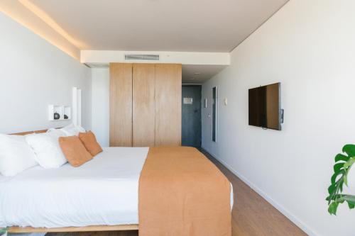 蒙得维的亚Opta Coliving Punta Carretas的一间卧室配有一张床,墙上配有电视