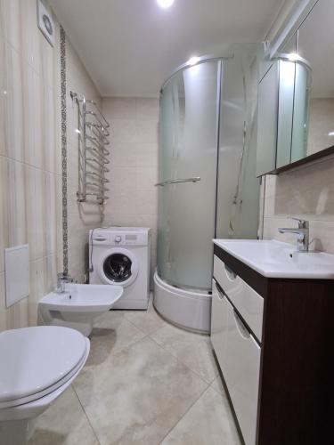 切尔诺夫策127-Avenue Apartment的浴室配有卫生间水槽和洗衣机。