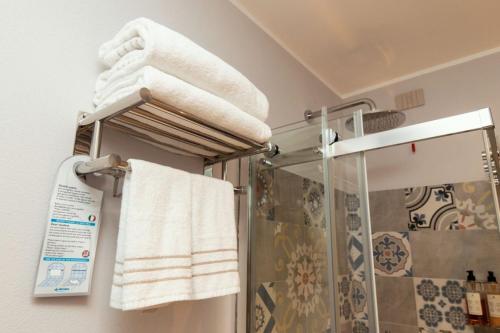 CarcareEr Mirin - Il Mulino di Carcare Hotel的带淋浴的浴室和带毛巾架的浴室