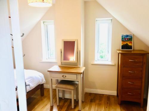 莱特弗拉克Red Deer Cosy Apartment in Letterfrack Connemara的一间卧室配有一张带镜子的桌子和一张床