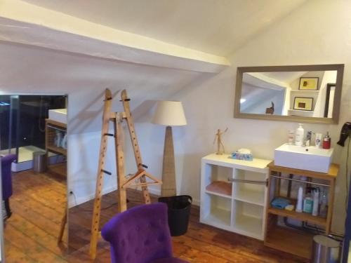 亚眠Chez Vincent的一间设有紫色椅子和镜子的客房