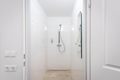 维也纳Space Home Apartment - Inner City的带淋浴和镜子的白色浴室