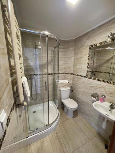 拉辛霍泰里克戈德酒店的带淋浴、卫生间和盥洗盆的浴室