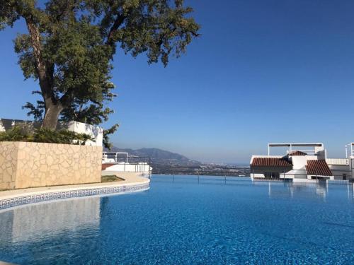 奥亨Penthouse mit privatem Jacuzzi in Marbella - La Mairena的一座带椅子和树的大型游泳池