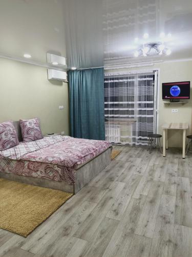 乌斯季卡缅诺戈尔斯克ApartNew in City Centr的一间卧室配有一张床和一台电视
