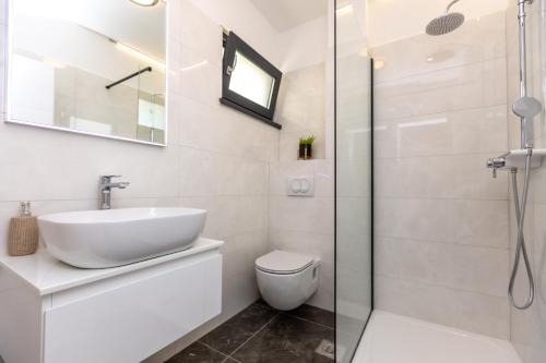 博扎瓦Luxury Apartments Mauro with Heated Pool的一间带水槽、卫生间和淋浴的浴室