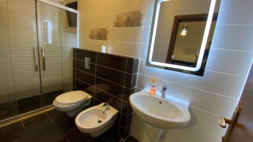 安曼Dair Ghbar Apartment的一间带水槽、卫生间和镜子的浴室