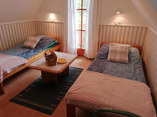 巴拉通马里亚弗都Tamás Bátya Kunyhója的小房间设有两张床和一张桌子
