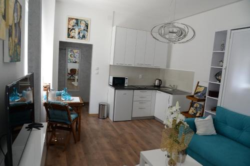 诺维萨德Apartment Krins的一间带蓝色沙发的客厅和一间厨房
