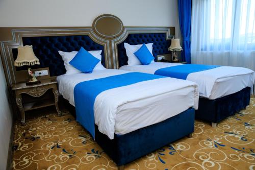 BaldovineştiLa Casa cu Stuf的蓝色和白色的酒店客房内的两张床